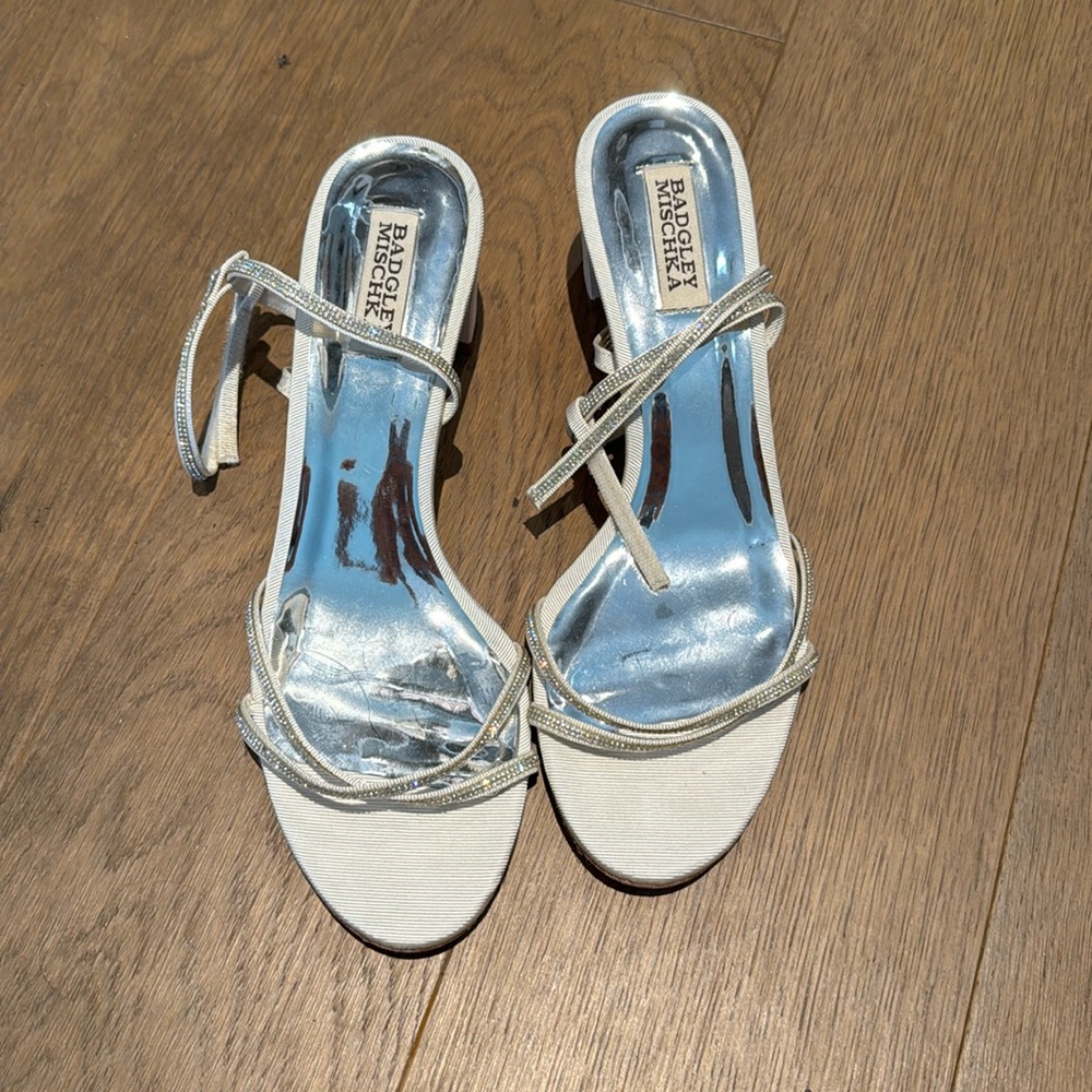 Badgley Mischka white sparkly sandals, size 9.5.
